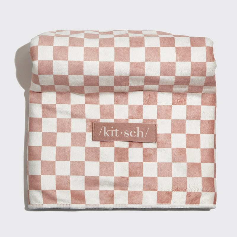 Extra Large Quick-Dry Hair Towel Wrap - Terracotta Checker
