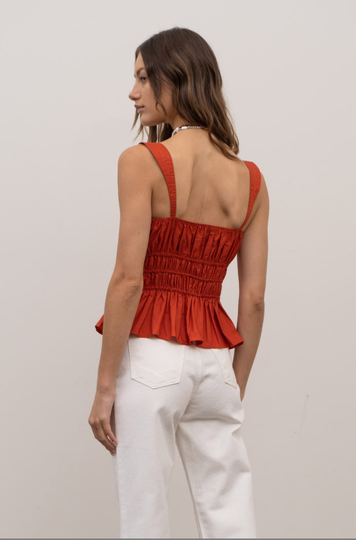 Sleeveless Shirred Ruffle Button Top