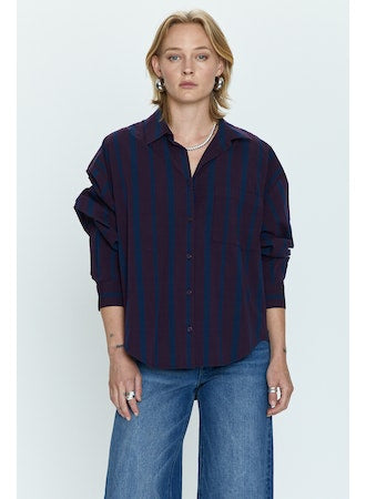 Sloane Oversized Button Down Shirt - Aubergine Cobalt Stripe