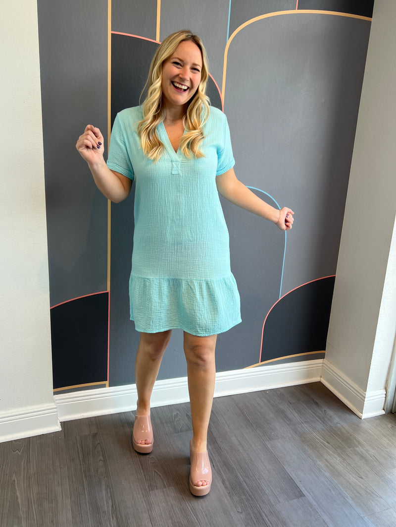 Split Neck Ruffle Hem Dress